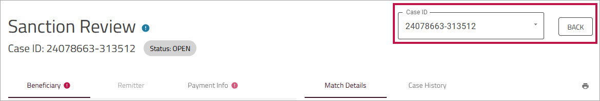 Sanction Review page Case ID dropdown
